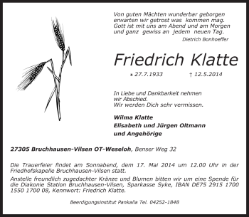Todesanzeige von Friedrich Klatte von KRZ