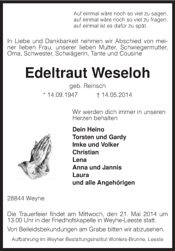 Todesanzeige von Edeltraut Weseloh von KRZ