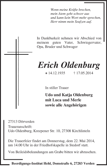 Todesanzeige von Erich Oldenburg von KRZ
