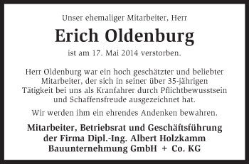 Todesanzeige von Erich Oldenburg von KRZ