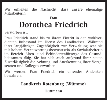 Todesanzeige von Dorothea Friedrich von KRZ