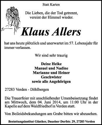 Todesanzeige von Klaus Allers von KRZ