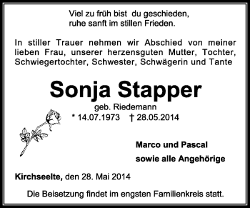 Todesanzeige von Sonja Stapper von KRZ