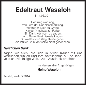 Todesanzeige von Edeltraut Weseloh von KRZ