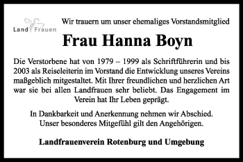 Todesanzeige von Hanna Boyn von KRZ