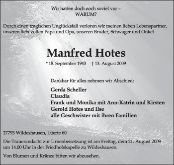 Todesanzeige von Manfred Hotes von KREISZEITUNG SYKE
