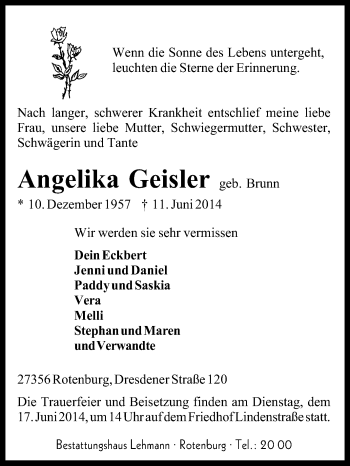 Todesanzeige von Angelika Geisler von KRZ