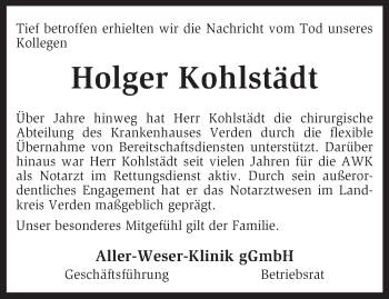 Todesanzeige von Holger Kohlstädt von KRZ