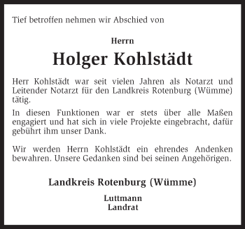 Todesanzeige von Holger Kohlstädt von KRZ