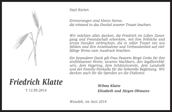 Todesanzeige von Friedrich Klatte von KRZ