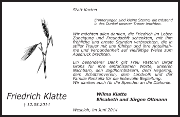 Todesanzeige von Friedrich Klatte von KRZ