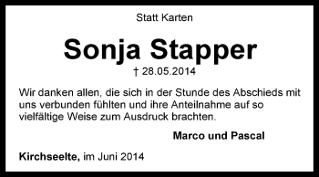 Todesanzeige von Sonja Stapper von KRZ