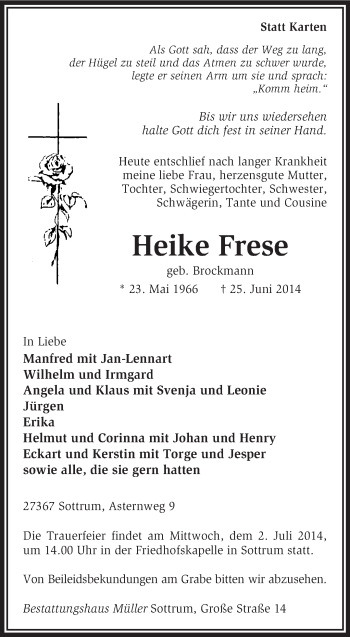 Todesanzeige von Heike Frese von KRZ