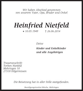 Todesanzeige von Heinfried Nietfeld von KRZ