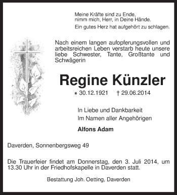 Todesanzeige von Regine Künzler von KRZ