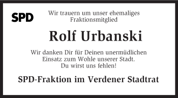 Todesanzeige von Rolf Urbanski von KRZ