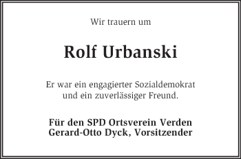 Todesanzeige von Rolf Urbanski von KRZ