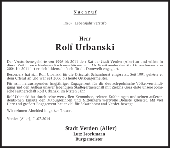 Todesanzeige von Rolf Urbanski von KRZ