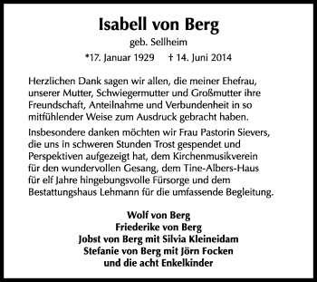 Todesanzeige von Isabell  von Bergen von KRZ