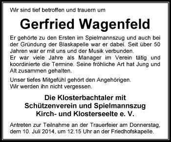 Todesanzeige von Gerfried Wagenfeld von KRZ