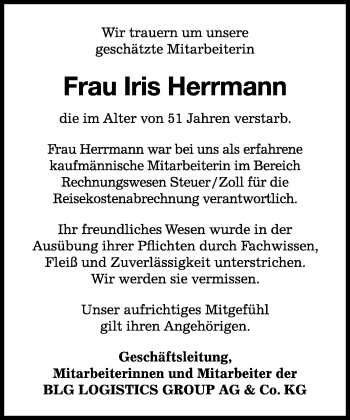 Todesanzeige von Iris Herrmann von KRZ