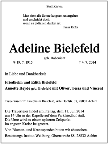 Todesanzeige von Adeline Bielefeld von KRZ