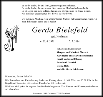 Todesanzeige von Gerda Bielefeld von KRZ