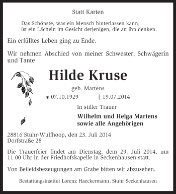 Todesanzeige von Hilde Kruse von KRZ