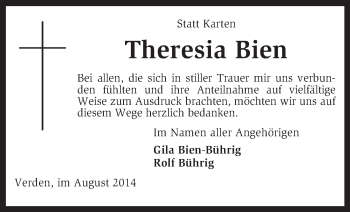 Todesanzeige von Theresia Bien von KRZ