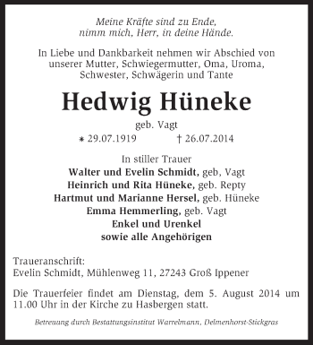 Todesanzeige von Hedwig Hüneke von KRZ