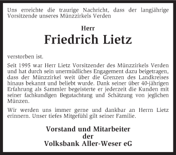 Todesanzeige von Friedrich Lietz von KRZ