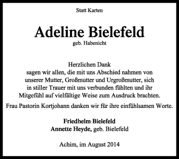 Todesanzeige von Adeline Bielefeld von KRZ