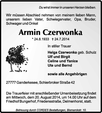 Todesanzeige von Armin Czerwonka von KRZ