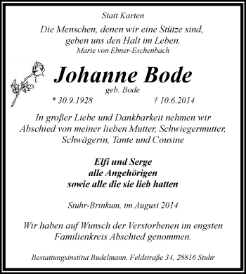 Todesanzeige von Johanne Bode von KRZ