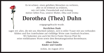 Todesanzeige von Dorothea Thea Duhn von KRZ