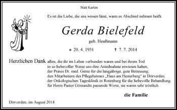 Todesanzeige von Gerda Bielefeld von KRZ