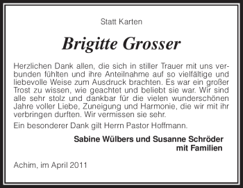 Todesanzeige von Brigitte Grosser von KREISZEITUNG SYKE
