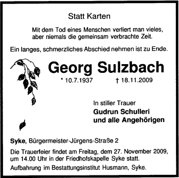 Todesanzeige von Georg Sulzbach von KREISZEITUNG SYKE