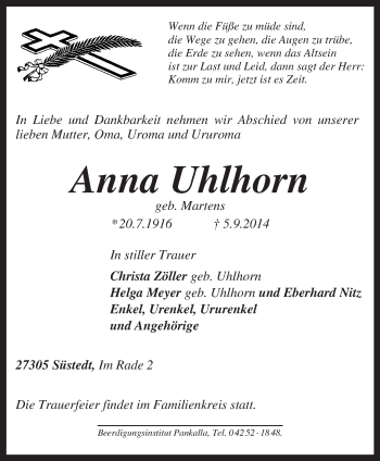 Todesanzeige von Anna Uhlhorn von KRZ