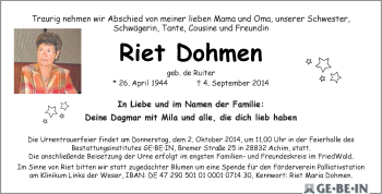 Todesanzeige von Riet Dohmen von KRZ
