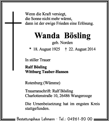 Todesanzeige von Wanda Bösling von KRZ