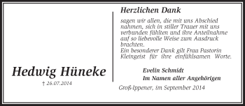 Todesanzeige von Hedwig Hüneke von KRZ
