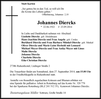 Todesanzeige von Helene Franzen von KRZ
