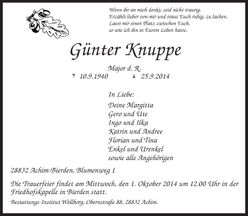Todesanzeige von Günter Knuppe von KRZ