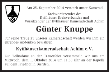Todesanzeige von Günter Knuppe von KRZ
