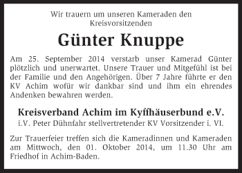 Todesanzeige von Günter Knuppe von KRZ