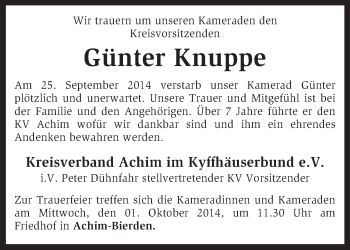 Todesanzeige von Günter Knuppe von KRZ