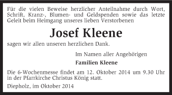 Todesanzeige von Josef Kleene von KRZ