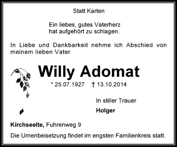 Todesanzeige von Willy Adomat von KRZ
