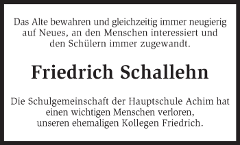 Todesanzeige von Friedrich Schallehn von KRZ